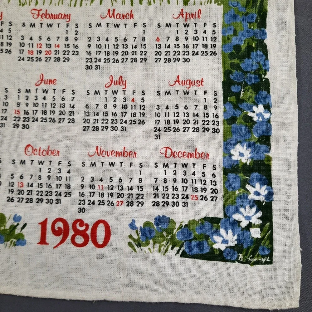 Vintage Linen Calendar Kitchen Towel Bless This House Cottage Floral Trees 1980